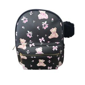 Ladies Mini Backpack Black Pink Bows Bear Design Cherries Bears PomPom Fashion